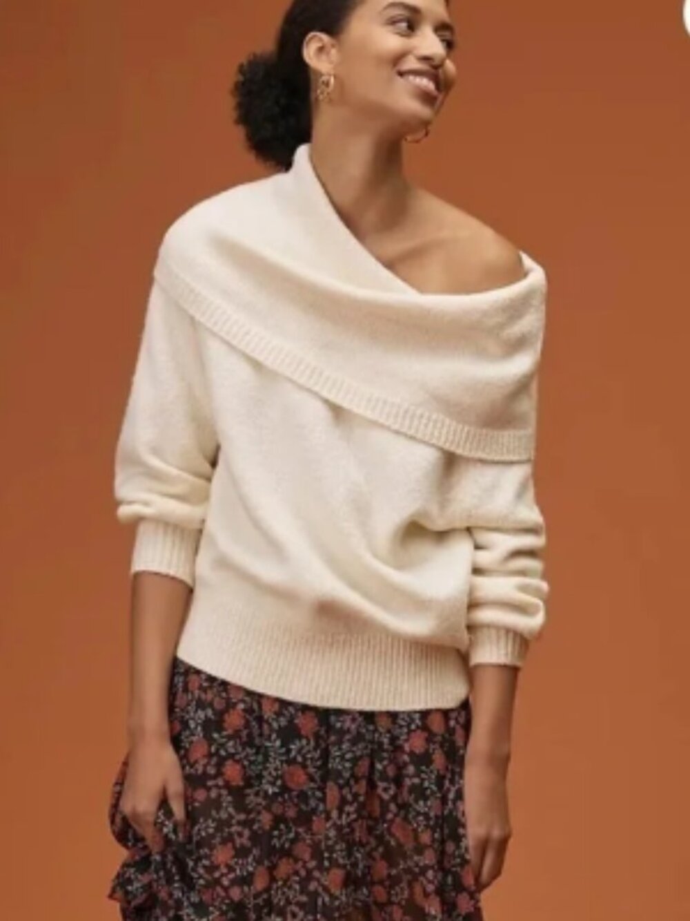 Anthropologie cream cotton blend oversized slouchy cowl neck sweater XS
